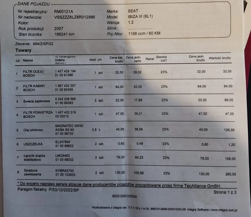 Seat Ibiza cena 3800 przebieg: 170000, rok produkcji 2007 z Myszyniec małe 92